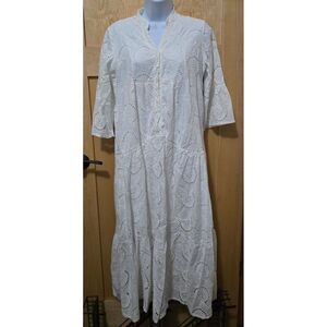 White Embroidered Eyelet Button-Front Midi Dress 3/4 Sleeves  Mandarin Collar